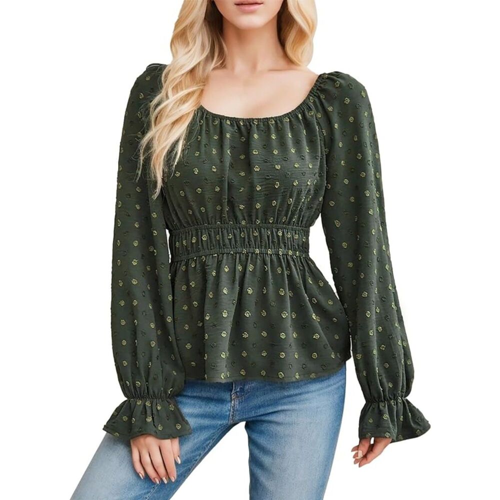 Rooscier Green Swiss Dots Puff Long Sleeve Scoop Neck Ruffle Hem Blouse Sz XL